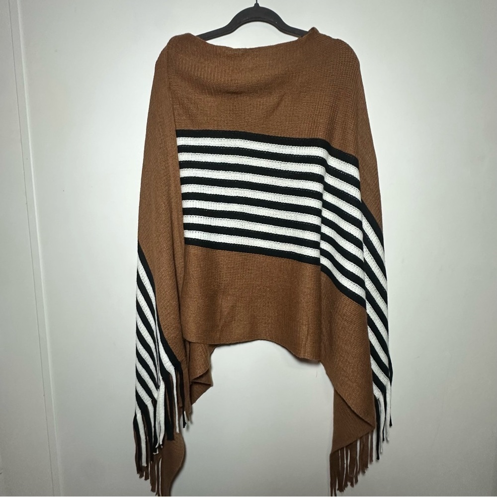 Ana & Rose One Size Plus Brown with Black and White Stripe Poncho Sweater Fringe